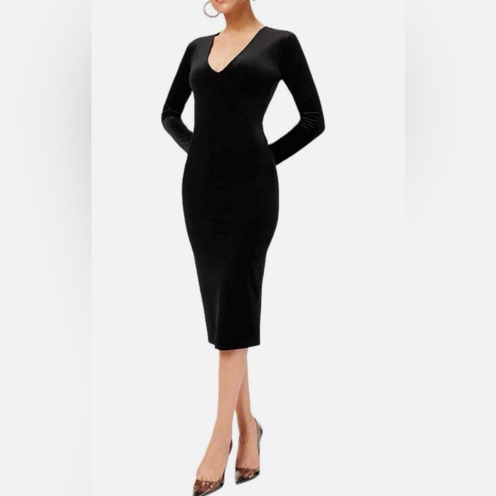 Good American Black Ribbed Velvet Bodycon Dress